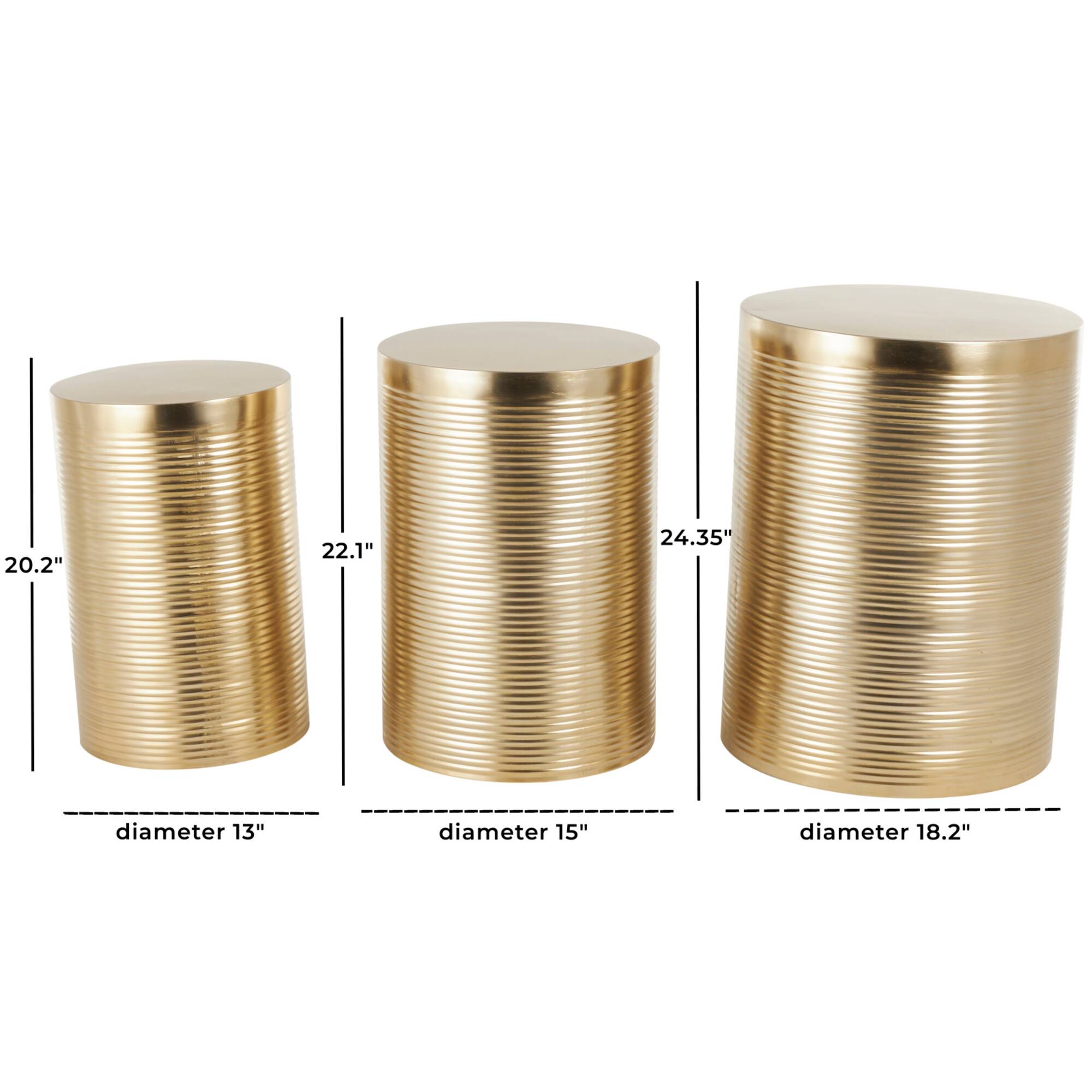 Gold Metal Metallic Ribbed Drum Accent Table Set